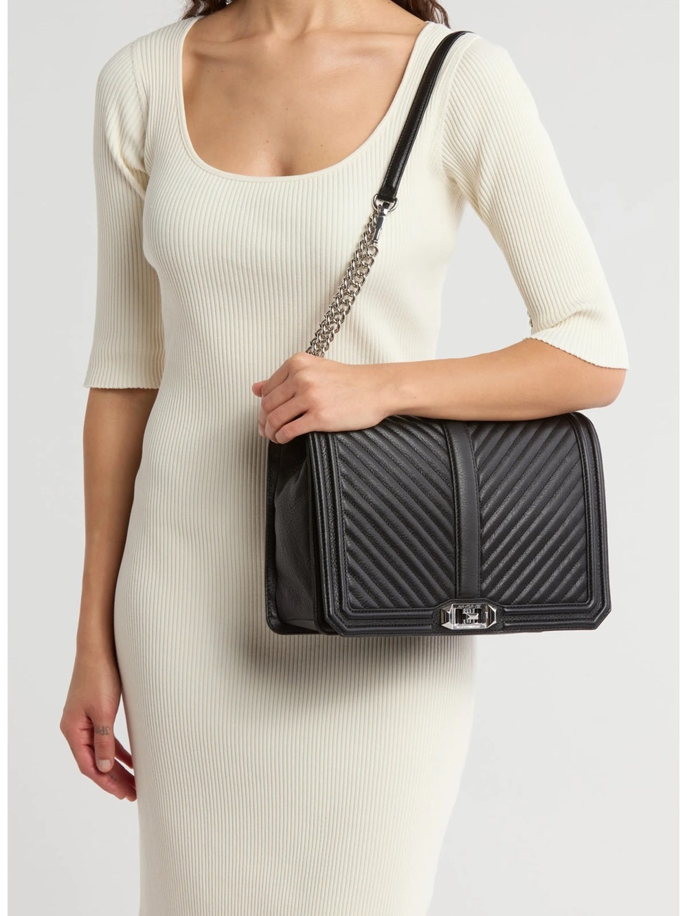 Rebecca Minkoff Black Leather Quilted Love Bag - Silver Chain - Size Large
